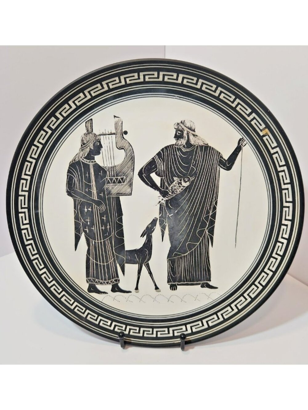 Vtg Handmade in Greece Greek Decorative Plate Pottery Black and White 12.5"